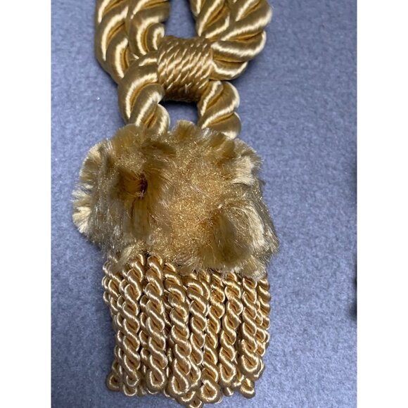 Vintage Gold Curtain Tiebacks with Faux Fur & Tassel Details Set of 2 - Picture 2 of 10